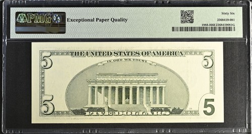 2001 $5 Federal Reserve Note Fr-1988-I Minneapolis PMG66 Gem EPQ - Picture 2 of 2