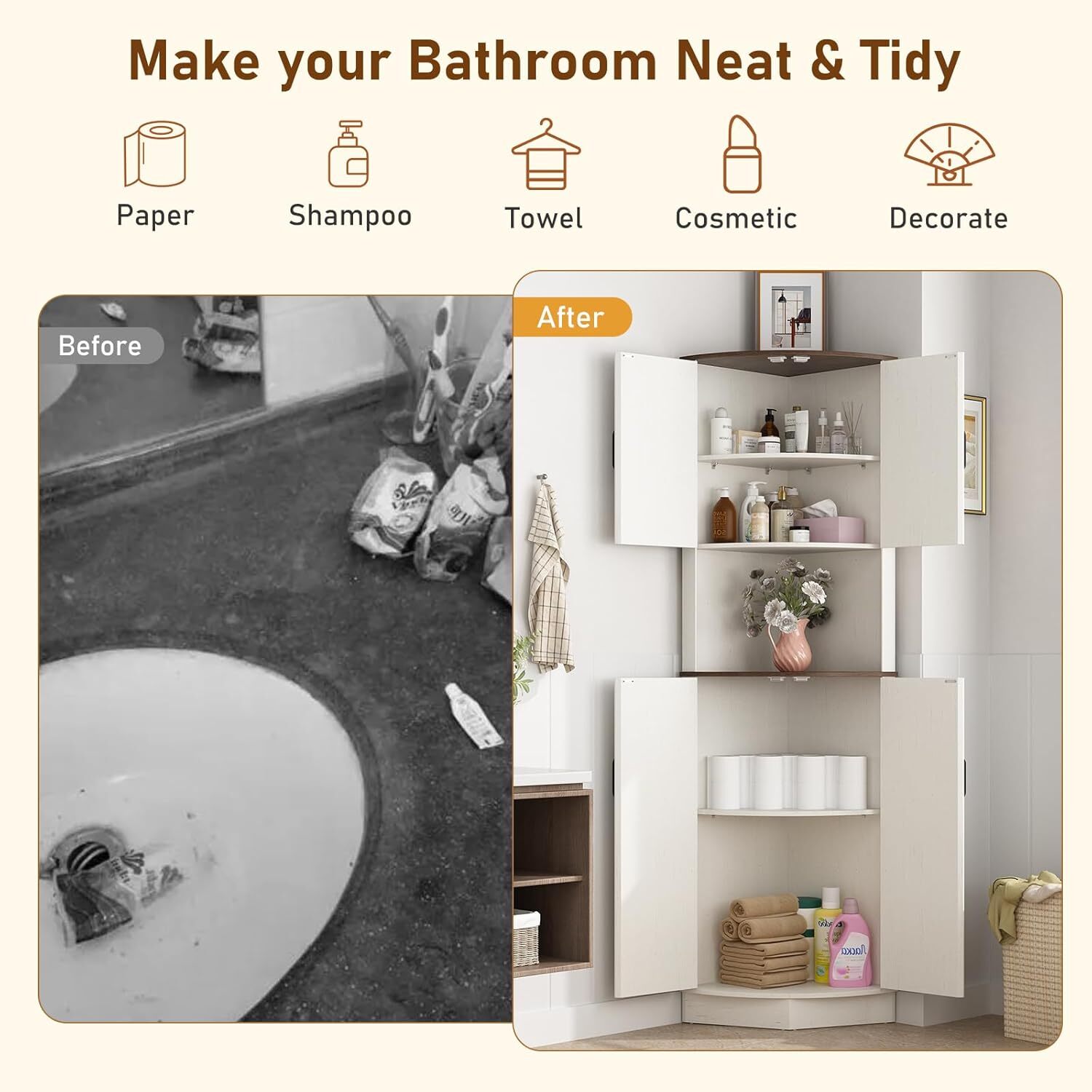 68" Tall Farmhouse Corner Cabinet, Dining Room Storage Cabinet Rustic White