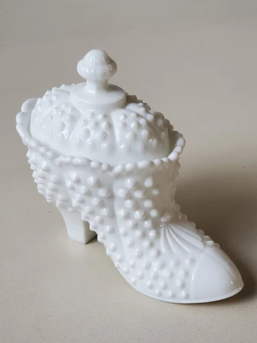 Fenton Milk Glass Hobnail Candy Box Slipper With Cover. Shoe