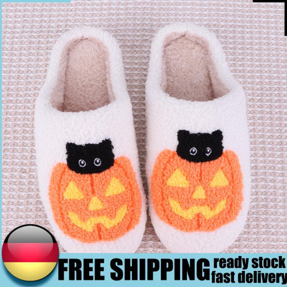 APL Halloween Pumpkin Cat Slippers Plush Closed Toe Slippers Anti Slip for Winter