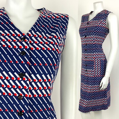 VINTAGE 60er 70er BLAU WEISS ROT GEOMETRISCH GESTREIFT OP ART MOD KLEID 12 14