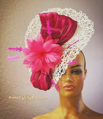 Kentucky Derby Fascinator Bridal Hat Deep Berry Pink White Royal Ascot Holiday