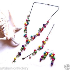 Colorful Round Turquoise Stone Beads Necklace Bracelets Drop Earring Set