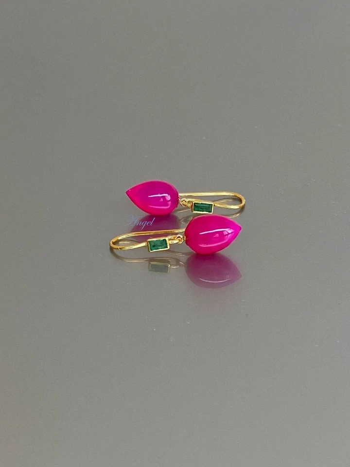 Natural Green Emerald & Hot Pink Chalcedony Earring 14k Yellow Magenta Stone - Image 3 of 4