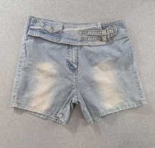 Crest Jeans Denim Shorts Womens SZ 13/14 Buckle Front Whiskers Embroidered