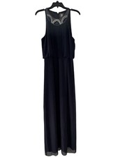 Vince Camuto Navy Blue Halter Long Gown With Beaded Detail On Neck.