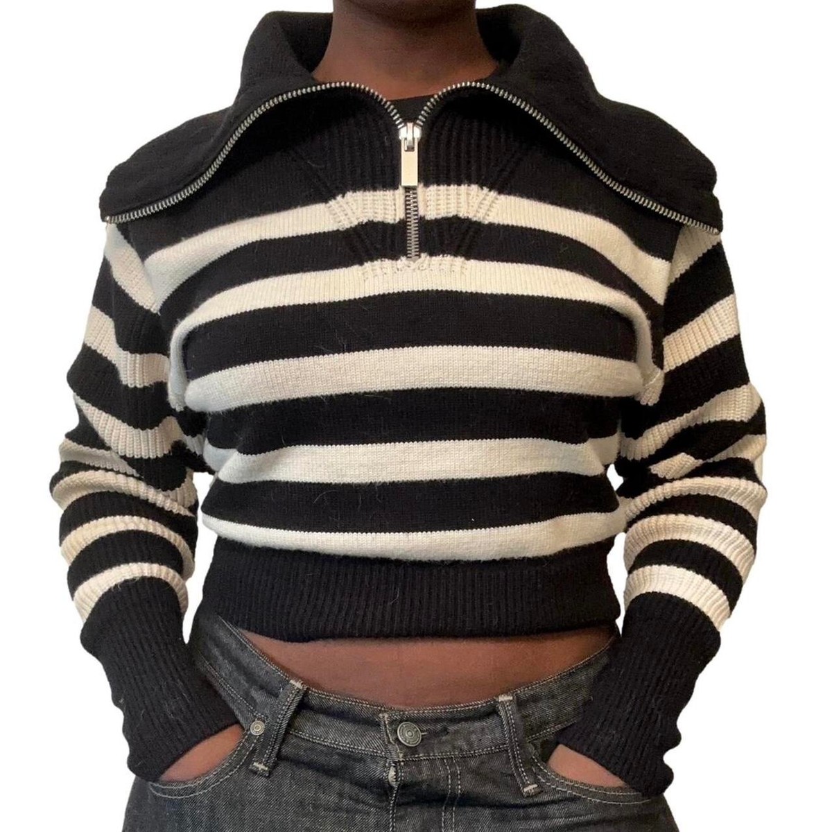 Zara Black Striped High Neck Quarter Zip Chunky Rib Knit