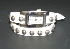 NEW GENEVA WHITE WRAP AROUND SILVER TONE STUDDED GENUINE LEATHER WATCH