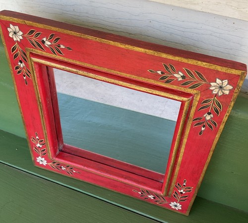 Rot & Gold Holz 16/16 Spiegel im Rahmen handbemalt Blumen drauf!  SEHR SCHÖN! - Bild 5 von 5