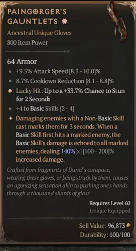 Eternal realm Diablo 4 Soft Core Unique Glove 800 IP   "Paingorger's Gauntlets"