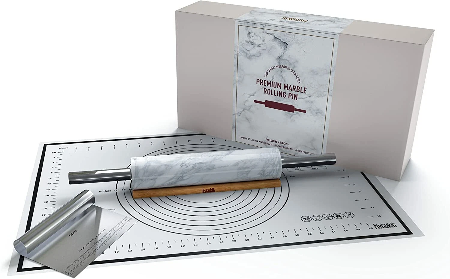 Fistukit White Marble Rolling Pin with Stainless Steel Handles Baking Set