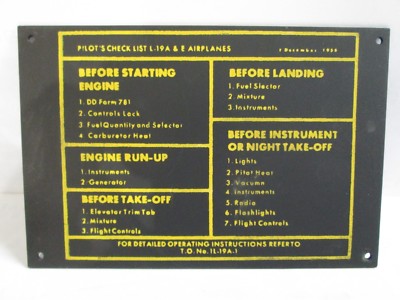 Cessna Instruction Plate P N Pilot Check List L 19 A E Nos Ebay