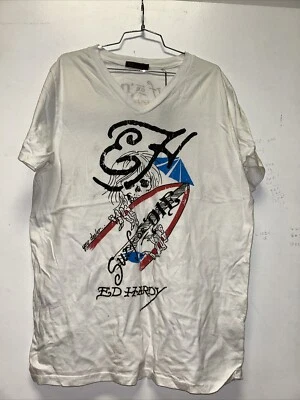 Ed Hardy by Christian Audigier men's white surf or die v-neck T-shirt Size xxl - Image 1 of 4