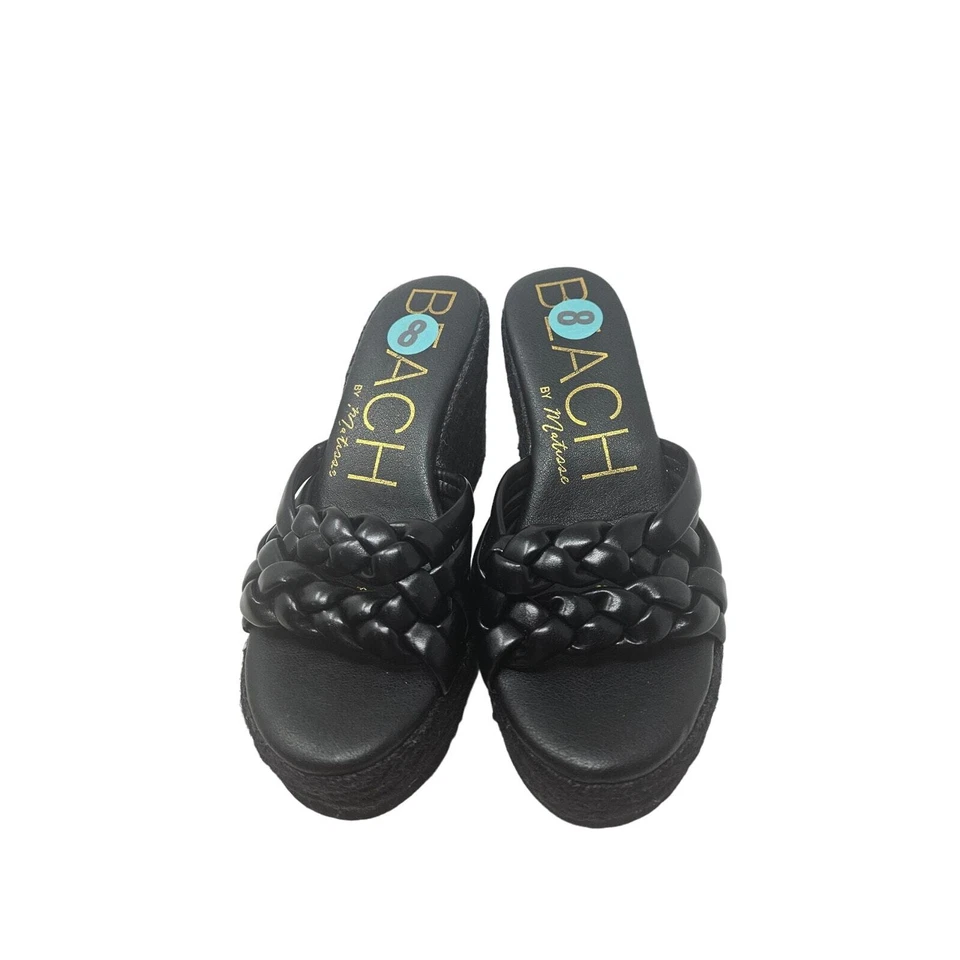 Beach Matisse 8 Sasha Black Braided Espadrille Wedge Sandal Slide Vegan - Image 4 of 4
