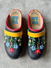 VTG Swedish Tessa Clogs Black Leather Hand-Painted floral Size 6 / 37
