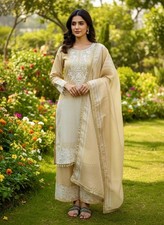 Stunning Look Cream Banarasi Silk Palazzo Suit With Dupatta For Festival Wear