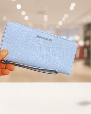 Michael Kors Women Large Leather Wallet Pale Ocean Wristlet Phone Holder Clutch