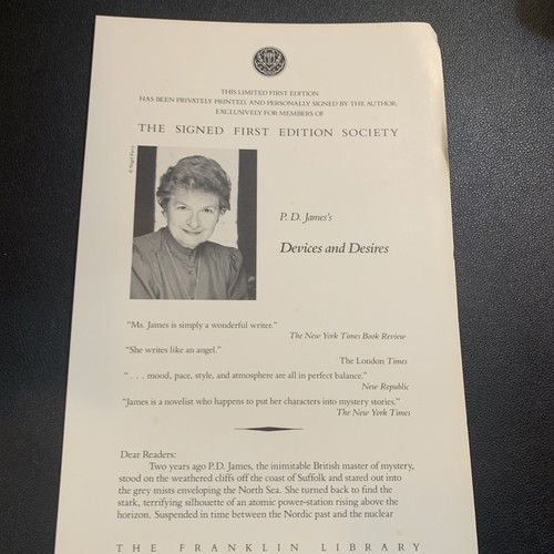 P. D. James DEVICES AND DESIRES SIGNED Franklin Library 1st Edition Like New A - Picture 6 of 9