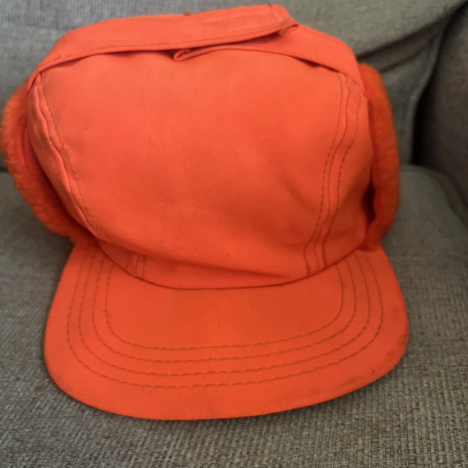 Vintage Blaze Orange Trapper Hunting Hat Cap Thinsulate Dad Ear Flap Fold Down