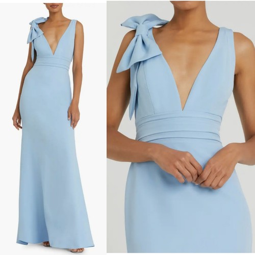 Abito lungo a sirena Mac Duggal 49454 blu 10 senza maniche fiocco V abito da ballo senza maniche