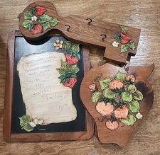 Vintage Wood Folk Art Hand Painted Key Holder Wall Hanger Tole Strawberries