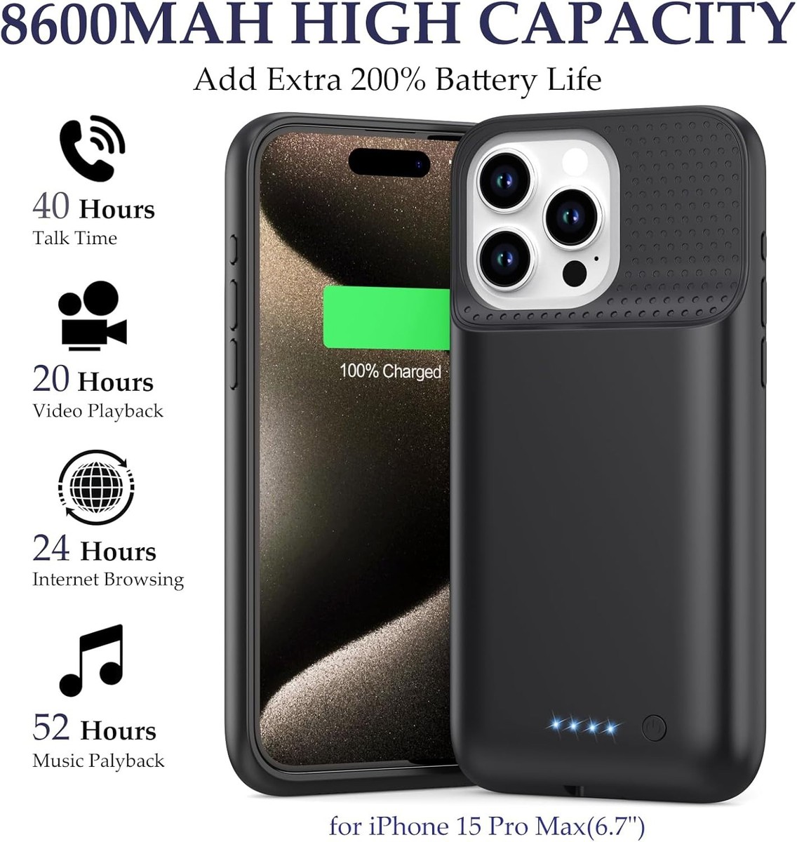 iPhone 15 Pro Max Battery Case 8600mAh Charging Case USB C Black