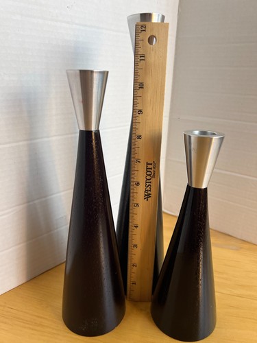 Swedish Style Brushed Steel and Wood Set of 3 Tapered Candle Holders New MCM - Picture 4 of 6