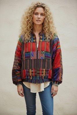 Y2k Vintage Handmade Guatemalan Serape Jacket L Colorful Patchwork Festival Boho