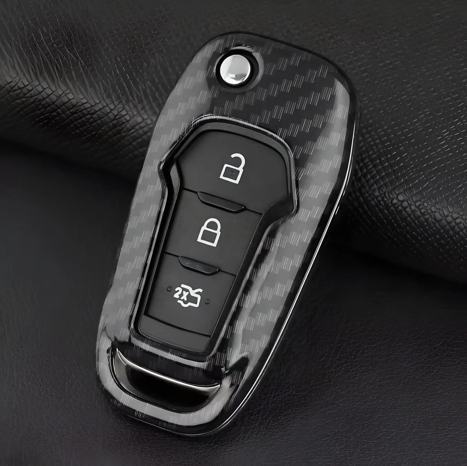 For 2015-2025 Ford F-250 F150 F-350 Carbon Fiber Smart Key Fob Case Cover Chain — 第 3/4 张图片