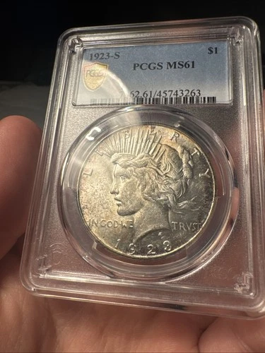 1923 S Peace Silver Dollar PCGS MS61 Gold Shield, Light Toning