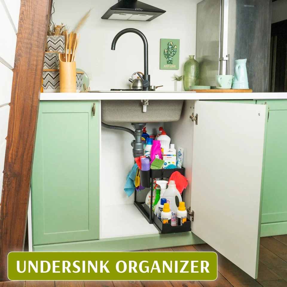 Under Sink Organizer 2 Tier Kitchen Rack Storage Shelf w/ Sliding Cabinet Drawer - Image 4 of 4