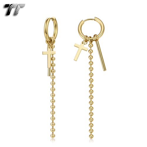 TT Stainless Steel Long Dangle Cross Chain Hoop Earrings (EH162) NEW - Picture 3 of 4
