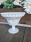 Vintage Westmoreland White Milk Glass w/Grape Pattern&Crimped Edge Pedestal Dish