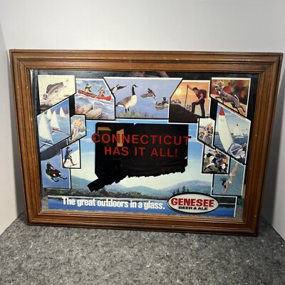 VTG Genesee Beer & Ale Connecticut Outdoors Framed Bar Mirror Sign 22.5'' x 17''