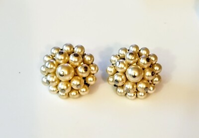 Vintage French Designer Dore  Pearl Cluster Silver Tone Clip On Earrings
