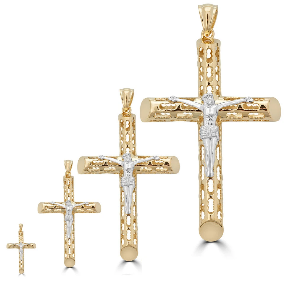 Cruz Jesús Chapada en Oro 14k Real Sólida Plata 925 Pieza Tallas Hombre Damas ITALIA