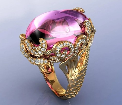 Mermaid Ring Glow in the Dark / Pink ruby Ring / Wrap Mermaid /mens gold ring - Picture 2 of 7