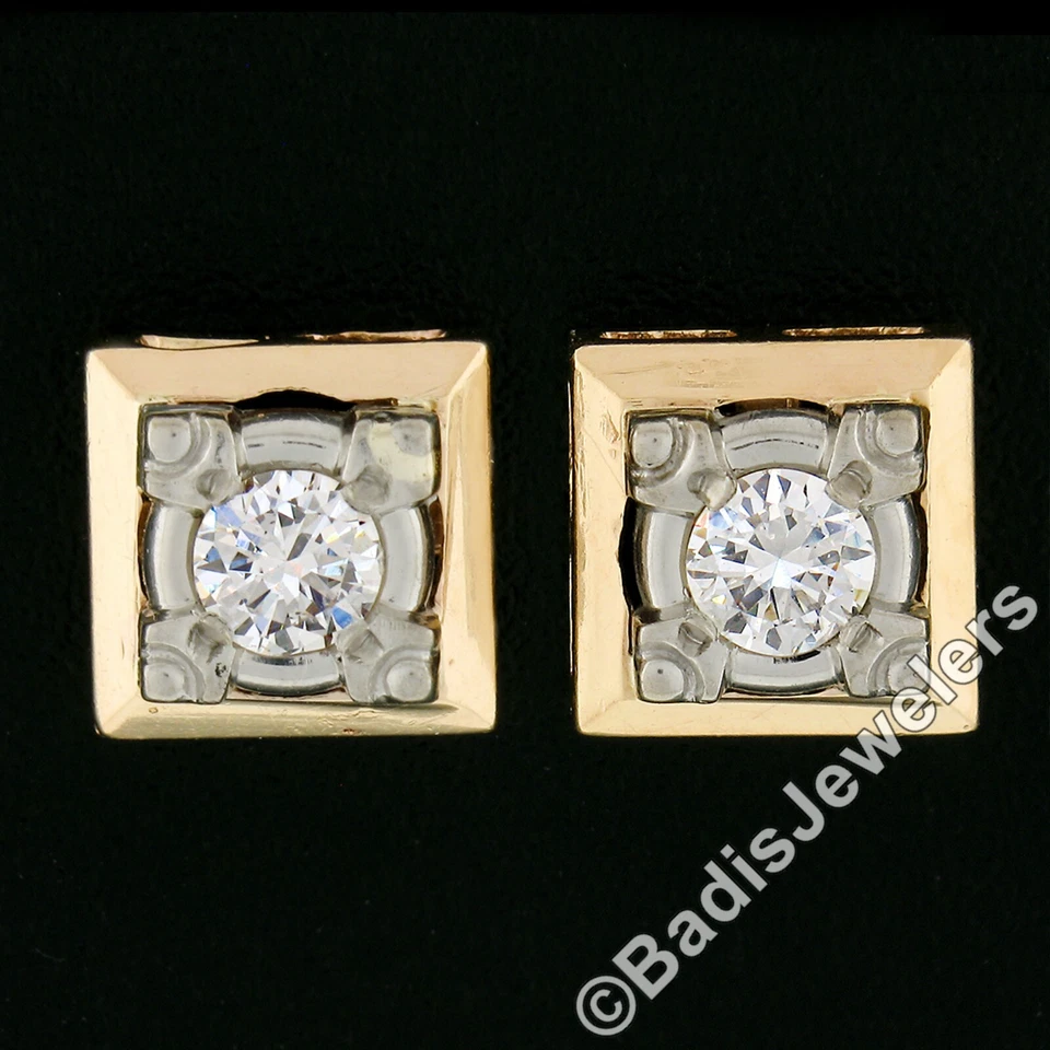 Aretes cuadrados vintage de oro TT de 0,35 quilates redondos brillantes pulidos con diamantes Foto 2 de 4
