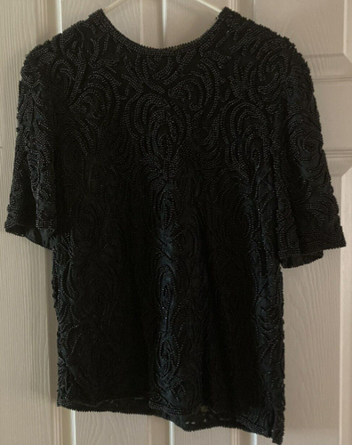 Vintage SWEE LO 80’s Holiday Black Top Blouse Size M Beaded Lined Excellent Cond - Picture 2 of 11