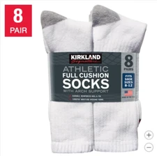Kirkland Signature Men’s Athletic Sock 8 Pair White Color - Made in USA - NEW!!