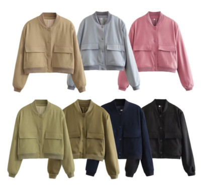 Women's Spring Jackets Long Sleeve Cropped Button Down Casual Coat with Pockets