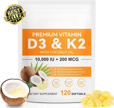 Vitamin D3 K2 10,000 IU 200mcg Supplement Softgels Bone Calcium Support 120ct