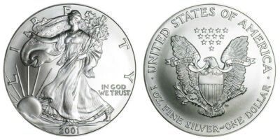 2001 $1 US American Silver Eagle UNC One Ounce FINE Silver Round