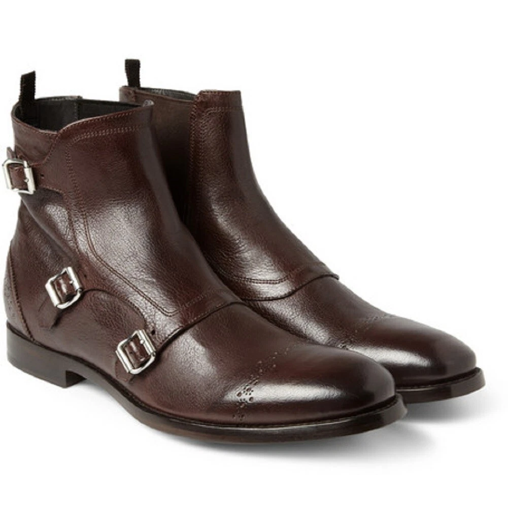 Handmade Men Triple monk leather boot, Men brown ankle boot, Men leather boot