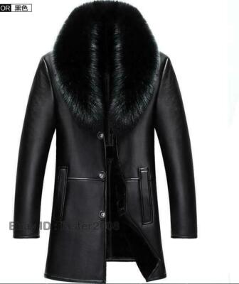 New Men's real leather Jacket faux fox fur collar parka trench coat winter  slim