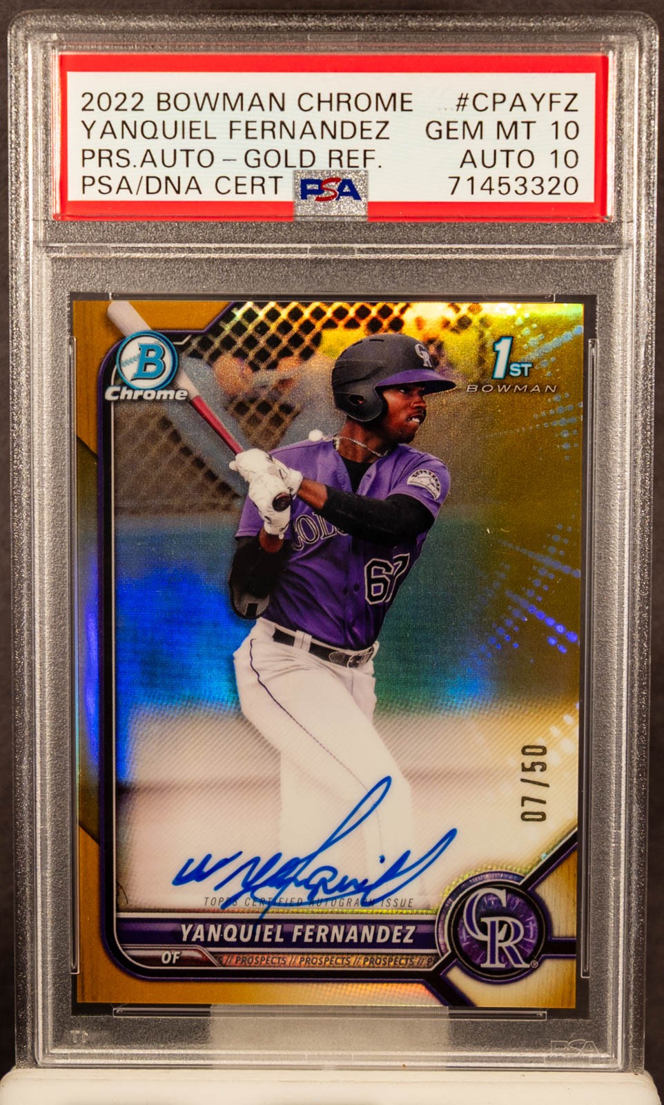 Yanquiel Fernandez 2022 Bowman Chrome Gold Refractor Auto 1st 7/50 PSA 10 DNA 10