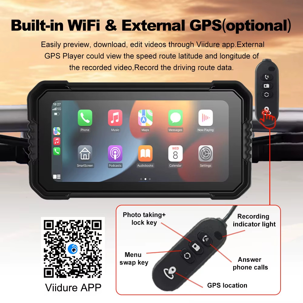 Écran moto GPS 6.25 pouces CarPlay et Android Auto sans fil avec navigation et DVR étanche IPX7