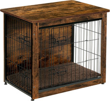 Dog Crate Furniture with Cushion, Wooden Kennel Table with Double Doors, Indoor