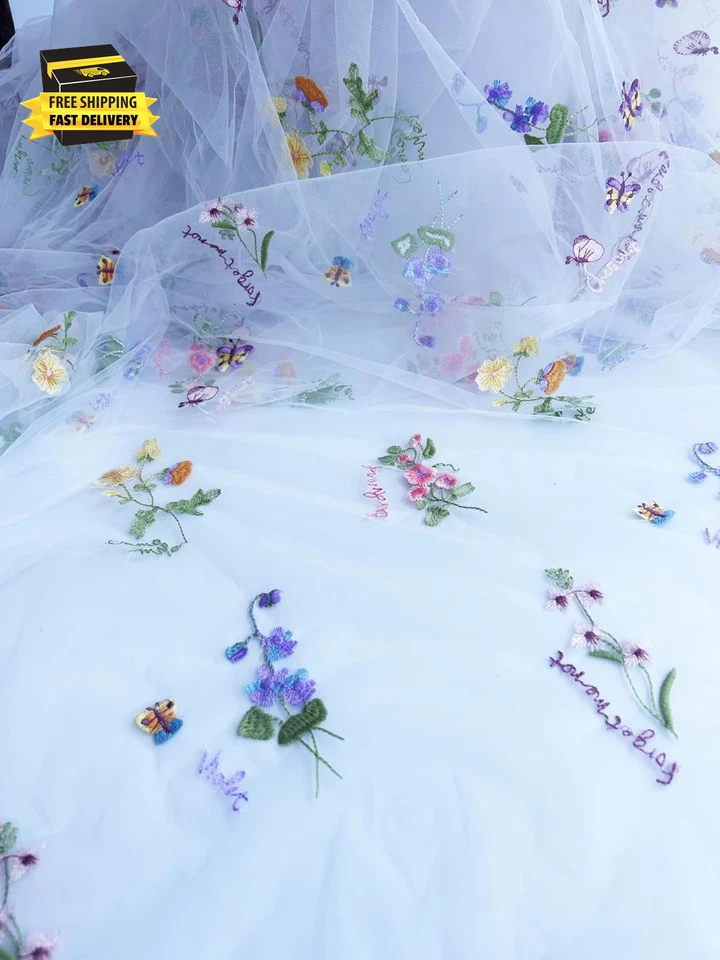 Elegante tela de encaje blanco tela de tul por yarda colorido bordado floral, 35X51 Foto 4 de 4