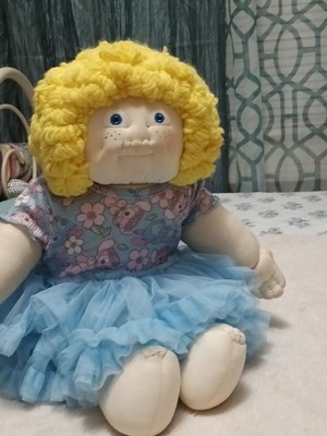 Vintage '80s Soft Sculpture Homemade Baby Doll  Blonde Hair Blue Eyes 